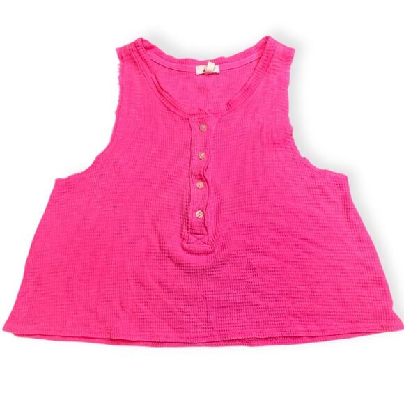 AERIE Women’s Pink Sleeveless Waffle Sunspun Henley Cropped Tank Top Size Medium - Picture 2 of 6